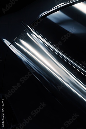 Close-up of a sleek, dark-colored car's rear quarter panel, showcasing its highly polished, reflective surface and smooth curves.  The dark background enhances the metallic sheen