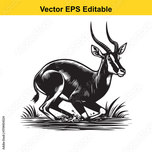 Vector art of black and white illustration of a sable antelope running in grass