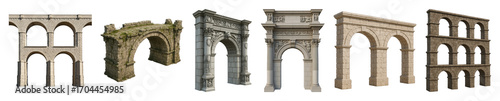Stone arches set including ancient archways, weathered bridges, and ornate triumphal arch structures isolated. Architectural design and historical building collection.