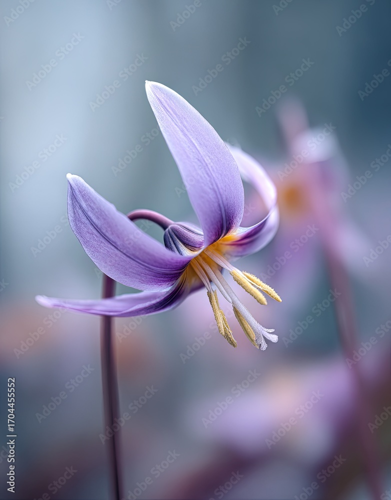 Fototapeta premium A close-up shot of a delicate, pale purple flower with slender, arching petals and prominent yellow stamens, softly blurred background
