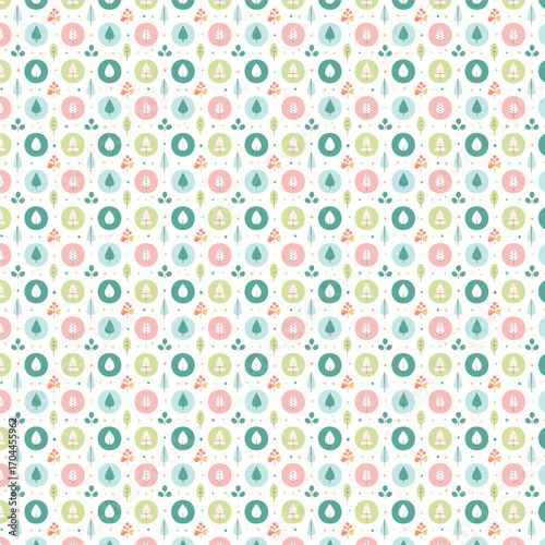 Modern geometric background. Abstract nature: forest, trees, leaves, flowers, birds, butterflies, fruits and berries. Set of icons in flat minimalist style. Seamless pattern. Vector illustration. 
