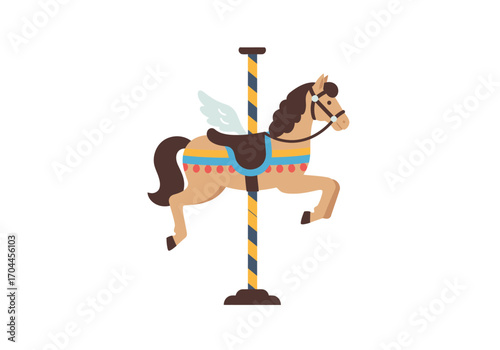 Whimsical Carousel Horse Illustration with Wings and Decorative Saddle