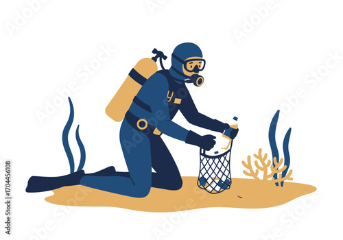 A scuba diver collecting plastic trash from the ocean floor, promoting environmental conservation and clean seas