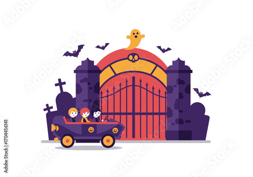 A cartoon family in a car arriving at a spooky haunted mansion gate with a ghost and bats for a fun Halloween adventure, a flat vector illustration