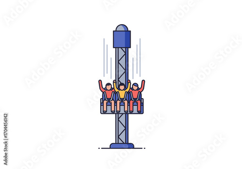 Thrill ride drop tower amusement park attraction with people enjoying the exciting experience
