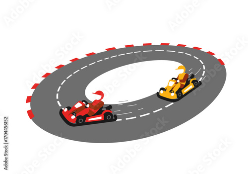 Two colorful go-karts racing competitively on an oval track, a dynamic vector illustration of a speed competition