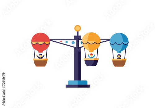Amusement park ride with hot air balloons and gondolas in a flat design illustration
