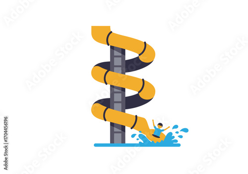 Vibrant illustration of person enjoying a thrilling ride down a winding yellow water slide, creating energetic splash, embodying summer fun and refreshing aquatic recreation