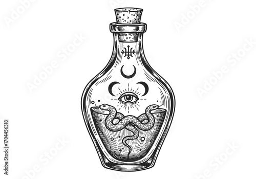 Mystical Potion Bottle Filled with Serpent and Eye Symbolism, Esoteric Elixir Illustration