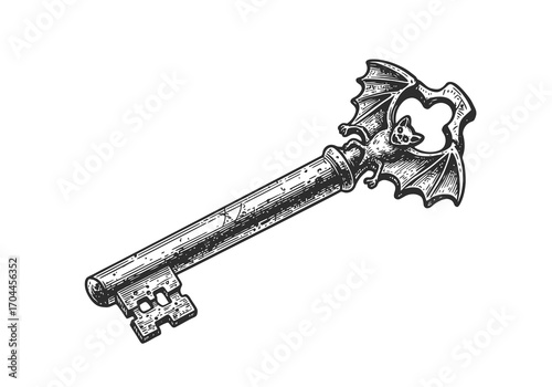 Graphic illustration of an antique key, featuring a unique bat design and ornate metalwork, a vintage design element embodying gothic mystery and forgotten secrets