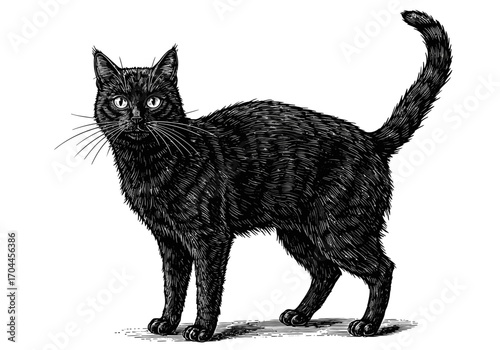 Elegant Black Cat Illustration A Detailed Artistic Rendering on a White Background