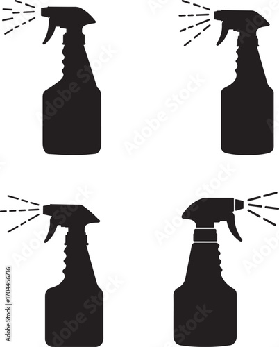 Four black spray bottles with liquid spraying from nozzles silhouette