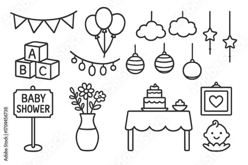 Baby Shower Doodles. Baby shower decorations doodle icon set: hand drawn icons of bunting banner, pastel balloons, hanging clouds,