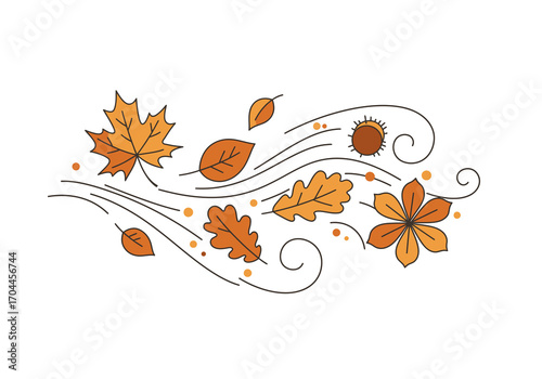 Dynamic line art illustration showcasing vibrant autumn leaves swirling in a brisk wind. An ideal seasonal graphic concept perfectly capturing the beauty and movement of fall
