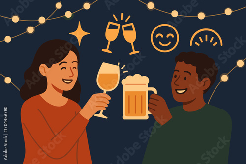 Celebratory Toast Under Lights. Scene with couple clinking drinks in front of fairy lights and celebration icon set for sparkle,