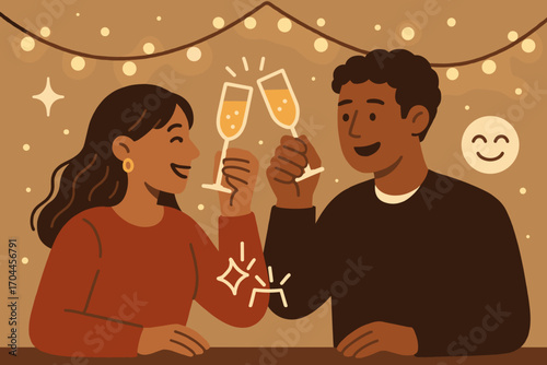 Celebratory Toast Under Lights. Scene with couple clinking drinks in front of fairy lights and celebration icon set for sparkle,