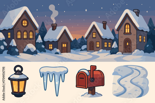 Snowy Village Retreat. Cartoon-style banner depicting snowy village with glowing windows and peaceful retreat icon set for lantern
