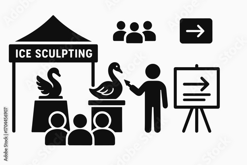 Ice Sculpting Showcase. Horizontal vector artwork of ice sculpting demonstration tent and learning icon set for tent, crowd, arrow