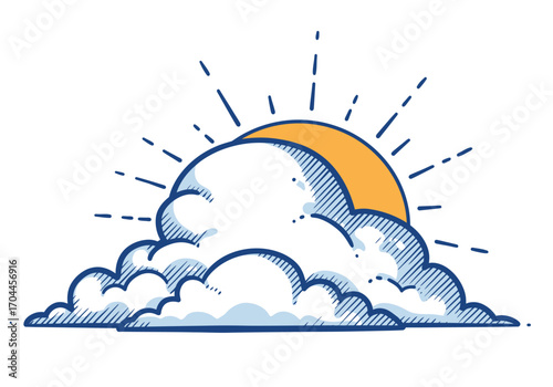 Stylized weather concept illustration depicting a bright sun peeking through fluffy clouds, ideal for forecast graphics and themes of optimism and new beginnings