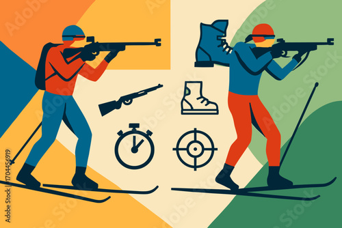 Biathlon Athletes Icons. Creative vector layout with biathlon athletes in action and Olympic sport icon set for rifle, ski boots,