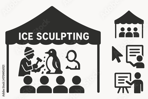 Ice Sculpting Showcase. Horizontal vector artwork of ice sculpting demonstration tent and learning icon set for tent, crowd, arrow