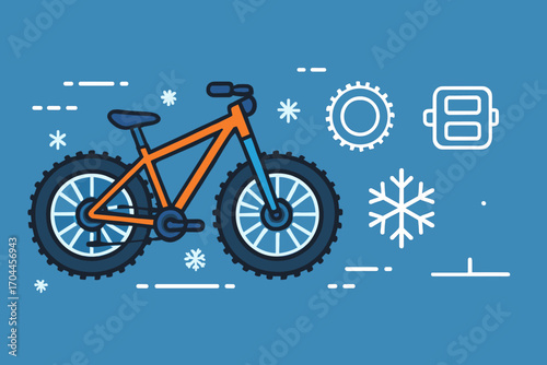 Snowy Mountain Biking. Modern banner depicting mountain bike adapted for snow and off-season sport icon set for fat tire, pedal