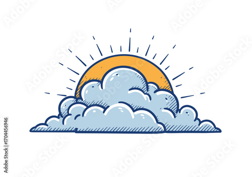 Stylized graphic of a radiant sunburst peeking through soft, layered clouds, symbolizing hope, clarity, and the promise of a beautiful new beginning