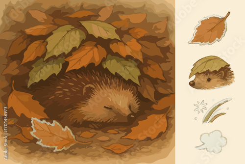Hedgehog Winter Hibernation. Scene illustration showing hedgehog nestled under leaves and hibernation icon set for leaf cover,
