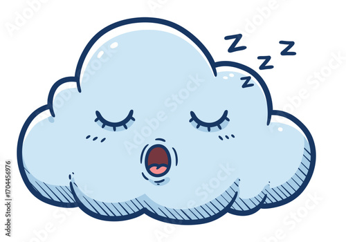 Charming hand-drawn style sleepy cloud illustration featuring 'zzz' and a gentle yawn, embodying peaceful rest and sweet dreams, perfect as a whimsical graphic element for cozy design projects