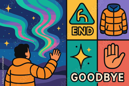 Goodbye Under Auroras. Colorful vector panel with person waving at aurora and farewell icon set for trail end, warm coat, star