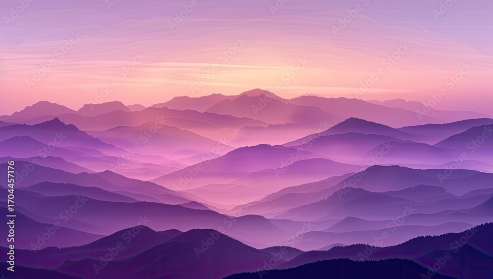 Obraz premium Serene landscape showcasing a vast range of mountains bathed in a soft, purple-hued sunrise or sunset light, creating a hazy, dreamlike atmosphere