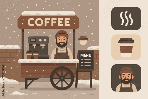 Cozy Coffee Cart. Scene with coffee cart in snow-dusted corner and cozy vendor icon set for steam icon, paper cup, apron and menu