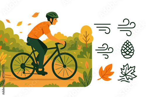 Cyclist on Leafy Trail. Wide vector layout with cyclist on leafy trail and motion icon set for tire marks, breeze icon, pinecone