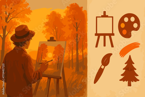 Autumn Artist's Toolkit. Wide banner showing painter capturing sunset trees and fall inspiration icon set for easel, color palette