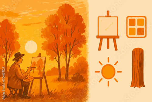 Autumn Artist's Toolkit. Wide banner showing painter capturing sunset trees and fall inspiration icon set for easel, color palette