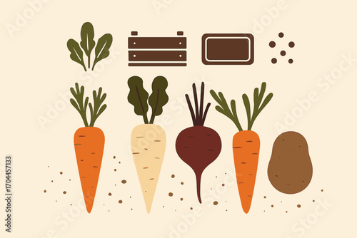 Harvested Vegetables Icons. Minimalist vector strip with close-up of harvested root veggies and natural bounty icon set for dirt
