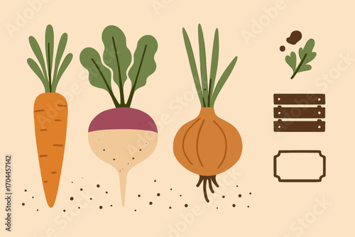 Harvested Vegetables Icons. Minimalist vector strip with close-up of harvested root veggies and natural bounty icon set for dirt