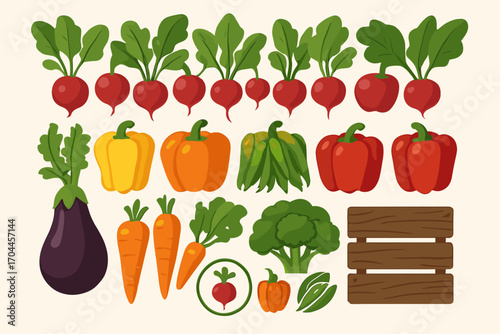 Colorful Vegetable Array. Vector strip showing colorful vegetables arranged by type and bounty icon set for radish, peppers, green