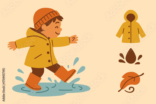 Child's Play in Rain. Horizontal artwork with child stomping in puddle and seasonal play icon set for rubber boots, splash icon,