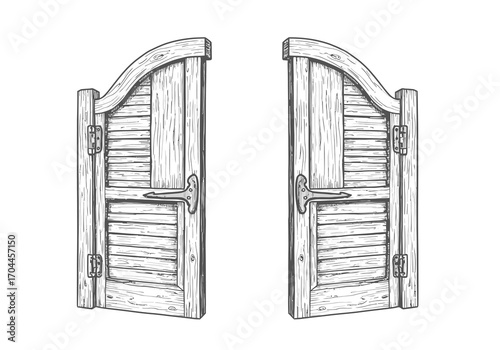 Vintage Hand-Drawn Illustration of Open Saloon Doors, a Rustic Architectural Graphic Featuring Detailed Wooden Swing Entrance in a Classic Sketch Art Style for Design Projects