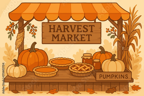 Cozy Harvest Market. Illustrated banner of cozy harvest market stand with pumpkins, homemade pies, and fall decor, ideal for