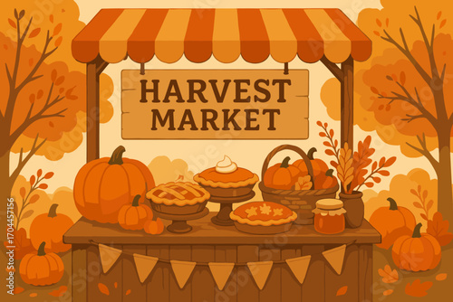 Cozy Harvest Market. Illustrated banner of cozy harvest market stand with pumpkins, homemade pies, and fall decor, ideal for