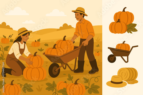 Autumn Harvest Scene. Horizontal vector banner showing farmers picking pumpkins in field and autumn harvest icon set for pumpkin