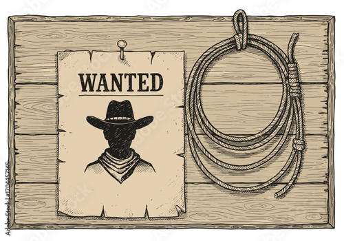 Vintage Western Wanted Poster and Lasso on a Rustic Wooden Board, Hand-Drawn Engraving Illustrating an Old West Theme