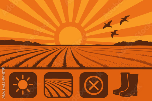 Sunset Harvest Scene. Creative banner featuring sunset over harvested rows and peaceful close icon set for sunset rays, empty