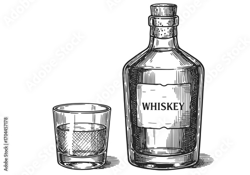 Hand-drawn vintage illustration of an alcoholic beverage bottle and a glass, a classic sketch capturing the essence of fine spirits with a sophisticated graphic effect