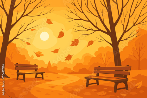 Autumn Forest Serenity. Scenic vector layout of forest park during fall with flying leaves, glowing sunlight, benches and bare