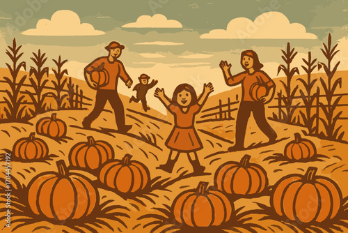 Pumpkin-Picking Adventure. Rustic vector design of pumpkin-picking adventure with layered hay terrain, excited visitors, cornstalk