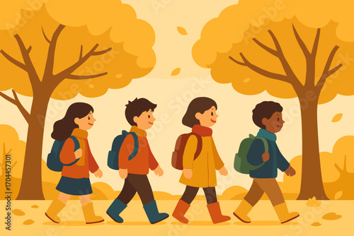 Children's Autumn Walk. Flat design banner showing children walking to school under golden trees, wearing backpacks, scarves and