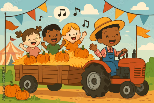 Hayride Fair Fun. Cartoon-style banner of children enjoying hay rides through fairgrounds with waving flags, pumpkins and music